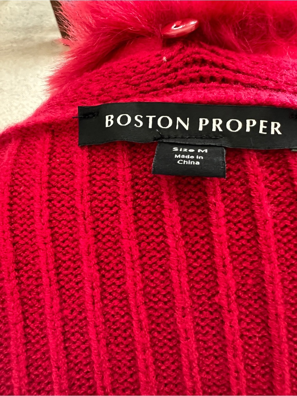 Boston Proper Vibrant Red Ribbed Faux Fur Collar Cardigan - Picture 4 of 4